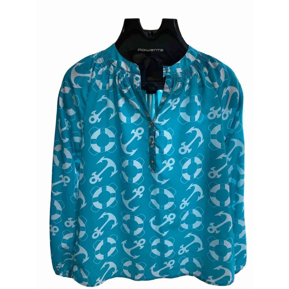 Macbeth Collection Nautical Blouse Women's Small Aquamarine Blue lightweight